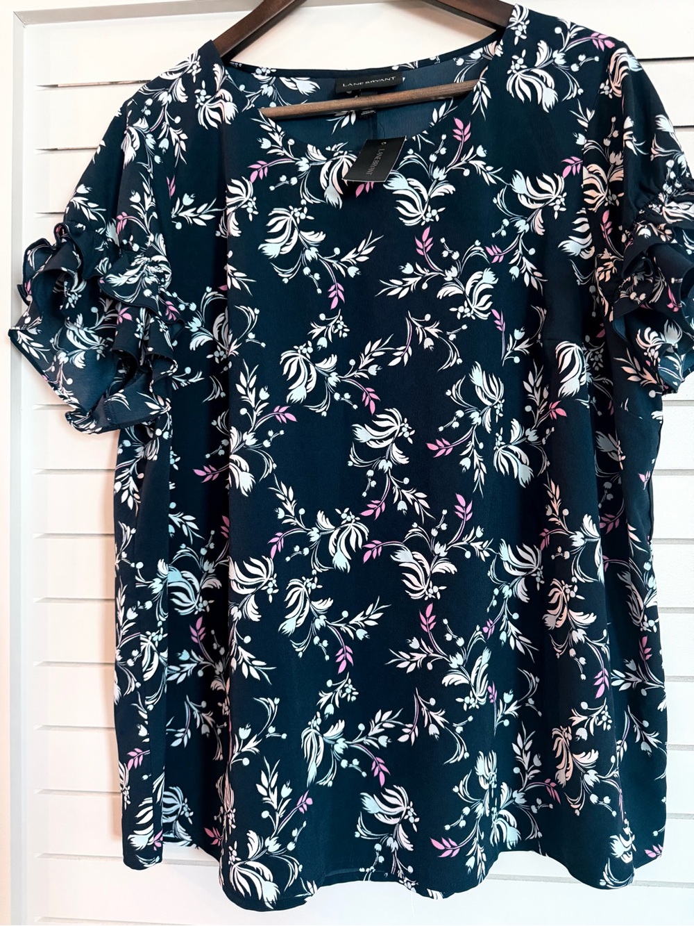 Lane Bryant Navy Floral Ruffle-Sleeve Top